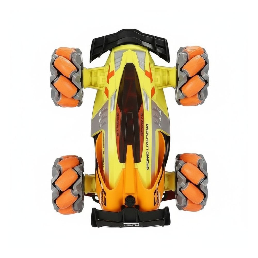 Tilted shot of green 1:16 stunt RC car showing rotating wheels