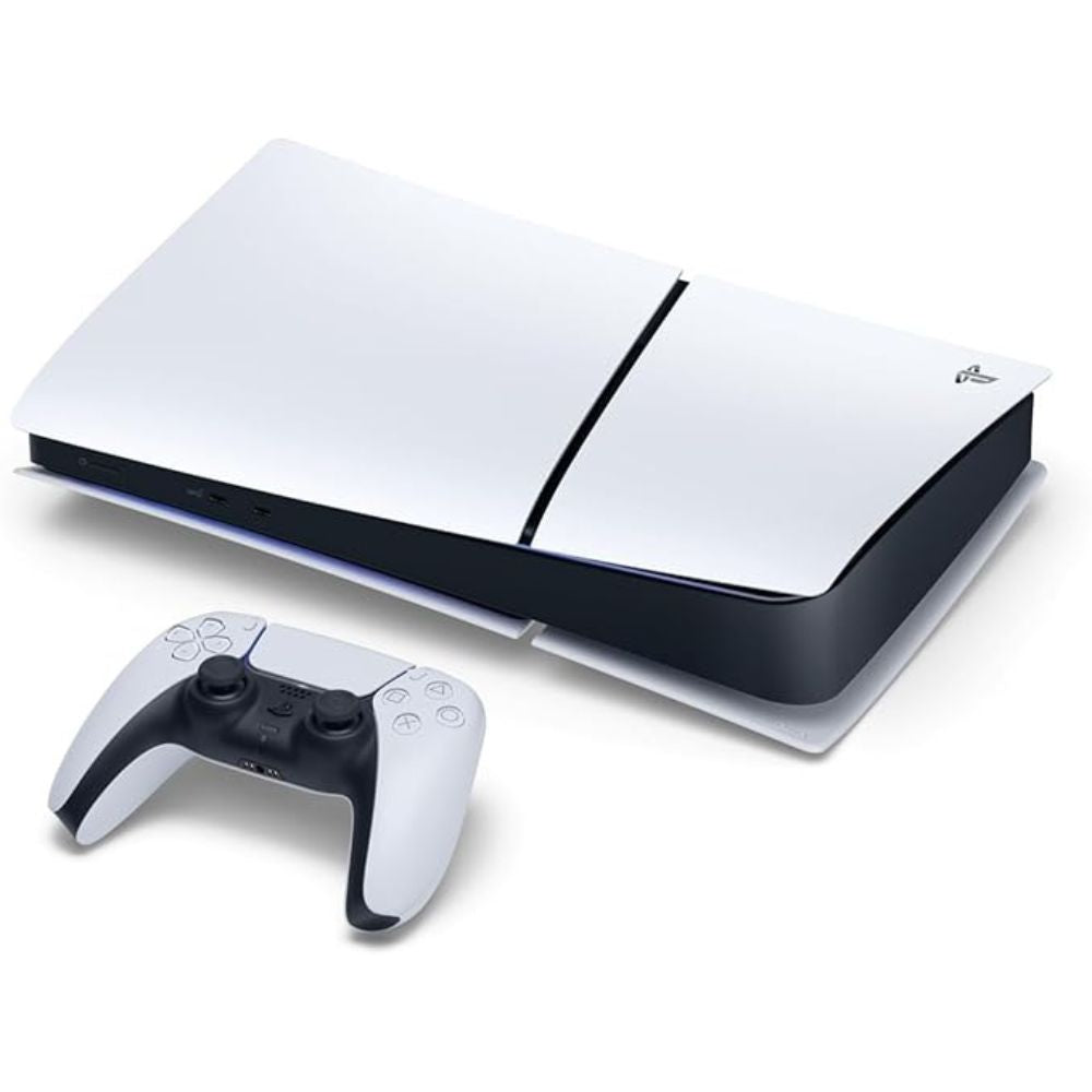 Angled front view of PS5 Digital Edition Slim white unit
