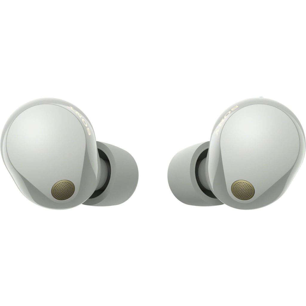 Silver WF-1000XM5 displayed at angle showing both earbuds and charging case