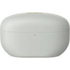 Tilted view of WF-1000XM5 silver earbuds and case on a flat surface