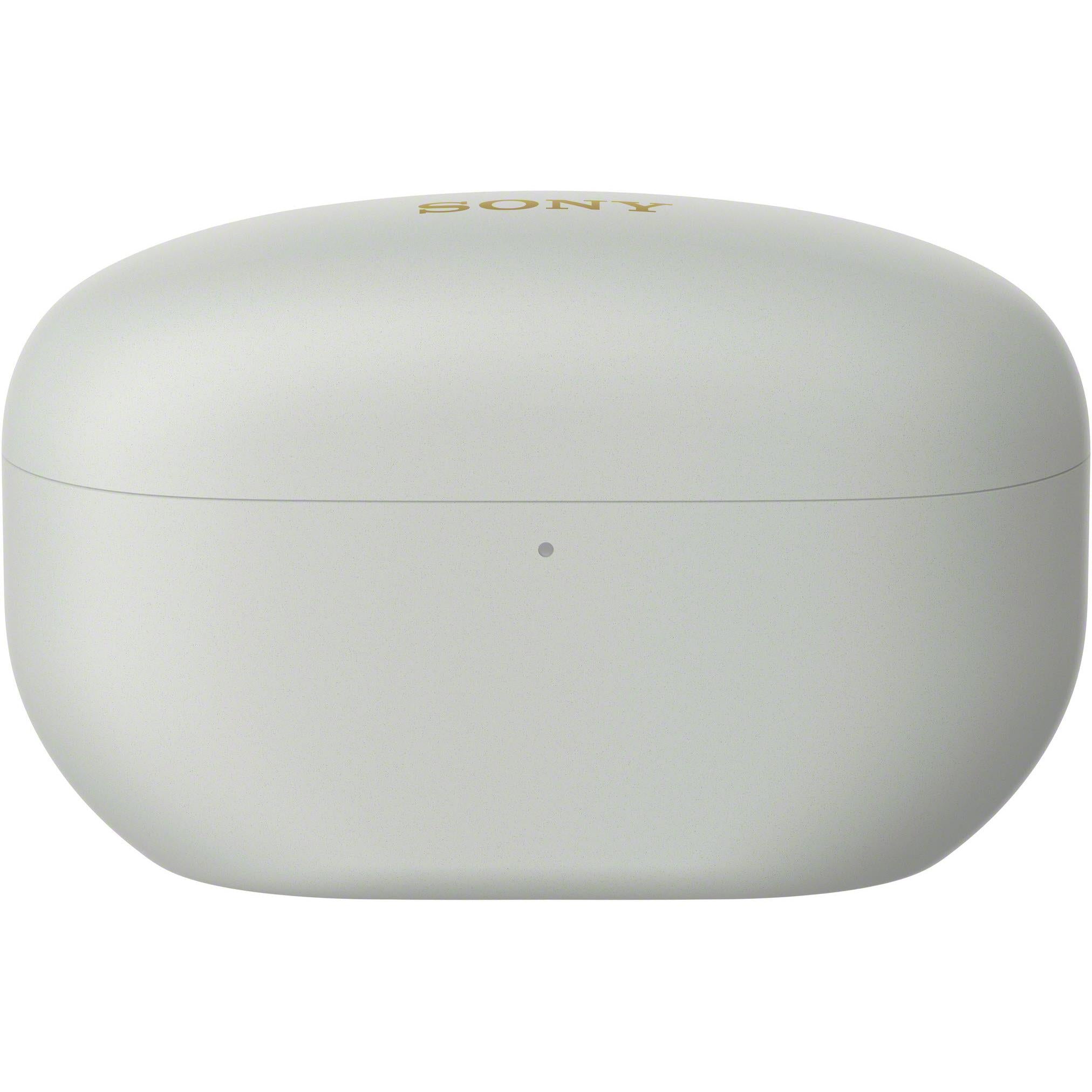 Tilted view of WF-1000XM5 silver earbuds and case on a flat surface