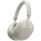 Silver WH-1000XM5 shown front-facing with earcups and band visible