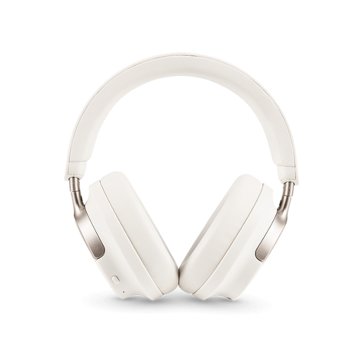 White headphones shown angled to showcase design and padding