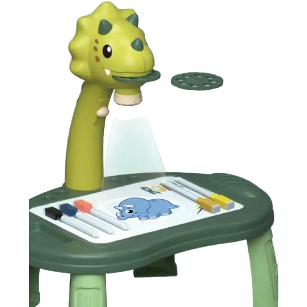 Side-angle of green dinosaur projector table showing shape and projector lens