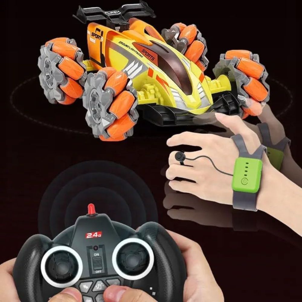 RC car displayed angled with handle and visible wheel rotation