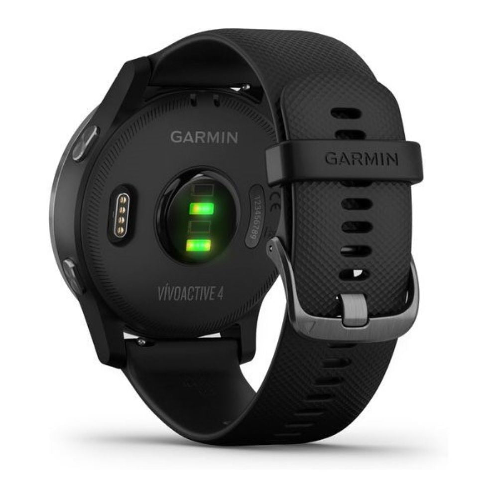 Garmin Vivoactive 4 large watch in grey-black, dial and strap shown