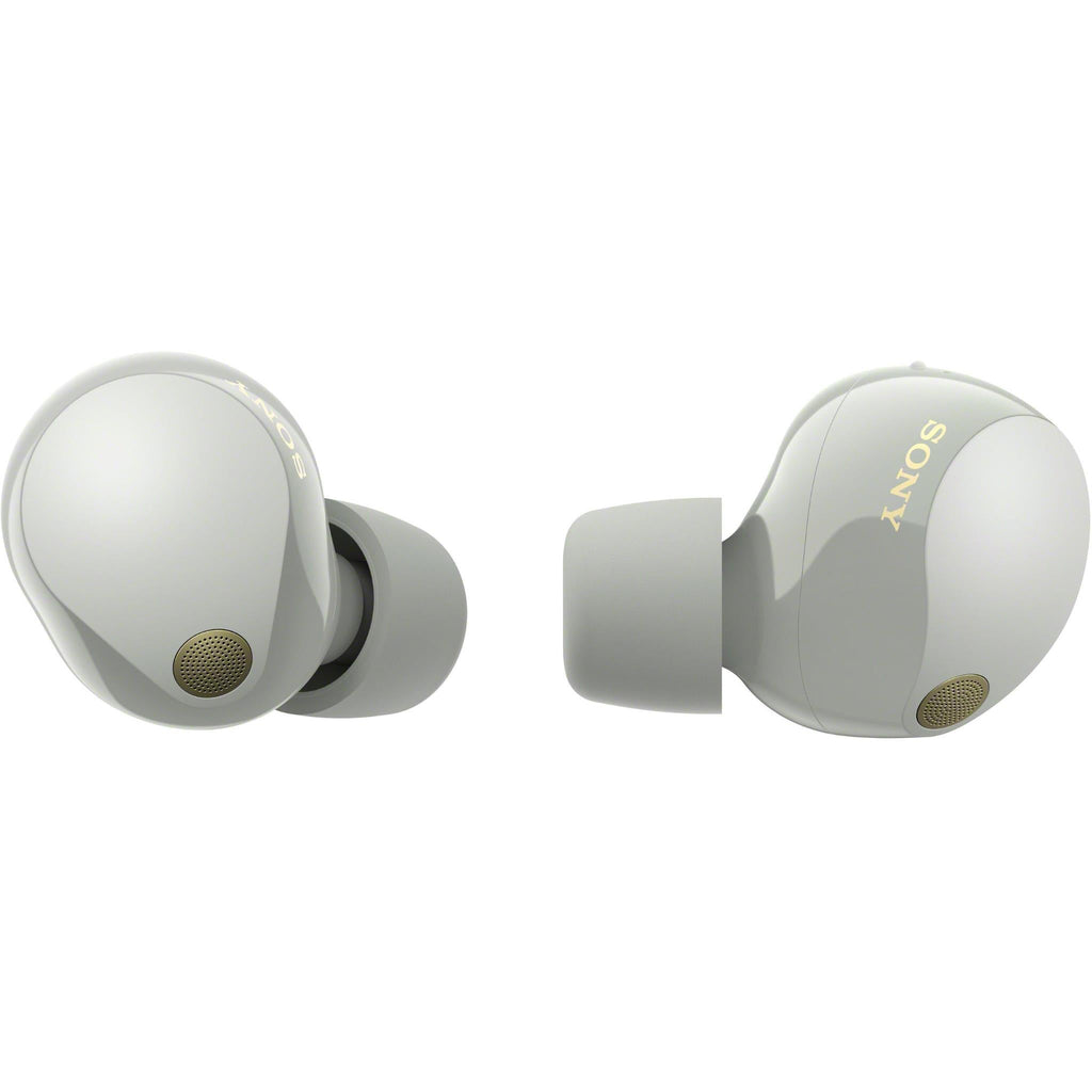 Silver WF-1000XM5 earbuds displayed side-angle with buds in background