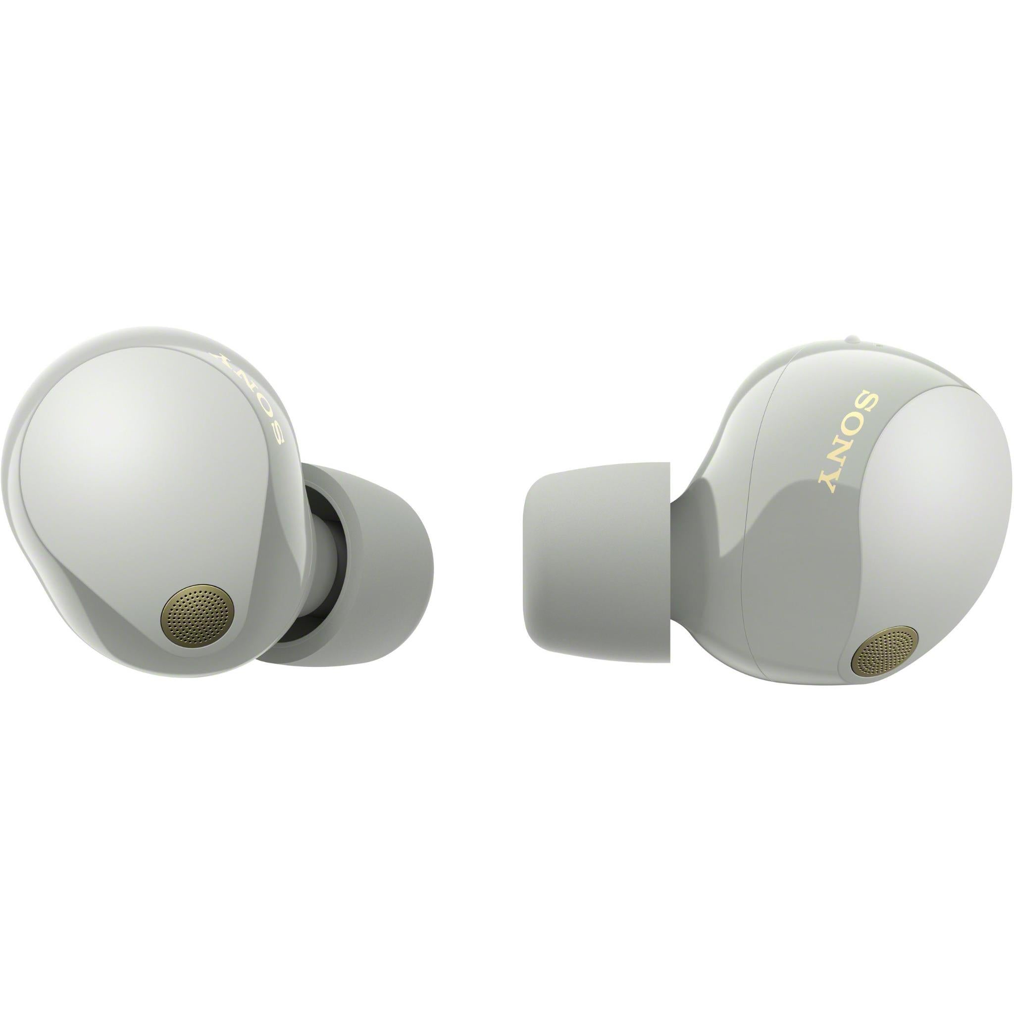 Silver WF-1000XM5 earbuds displayed side-angle with buds in background