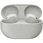 Silver WF-1000XM5 earbuds front-facing with charging case visible