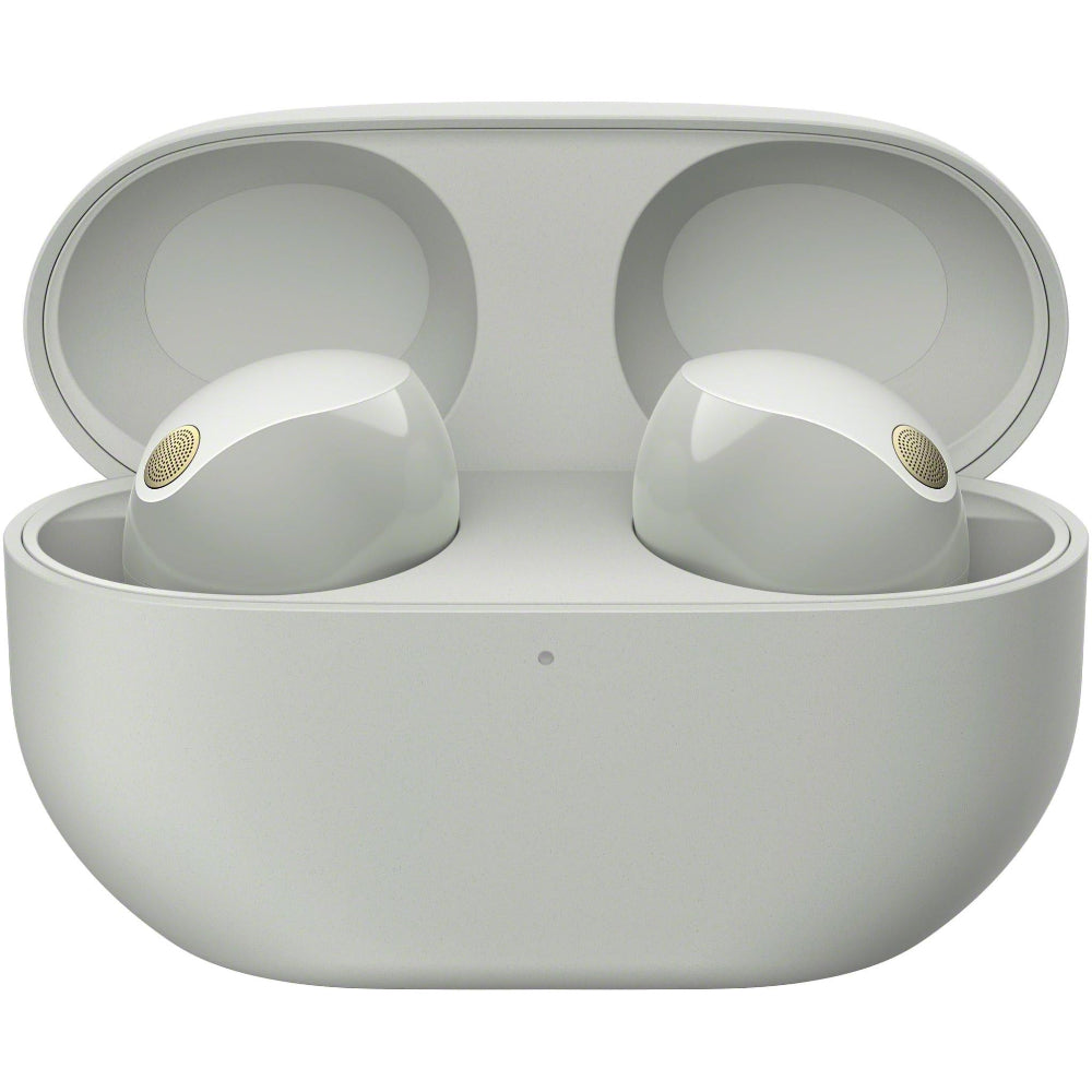 Silver WF-1000XM5 earbuds front-facing with charging case visible