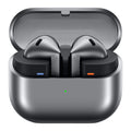 Samsung Galaxy Buds3 wireless earbuds in silver color, showing the outer side of the earbuds with the left marked as 'L' and the right as 'R'. They are against a white background.