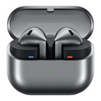 Samsung Galaxy Buds3 wireless earbuds in silver color, showing the outer side of the earbuds with the left marked as 'L' and the right as 'R'. They are against a white background.