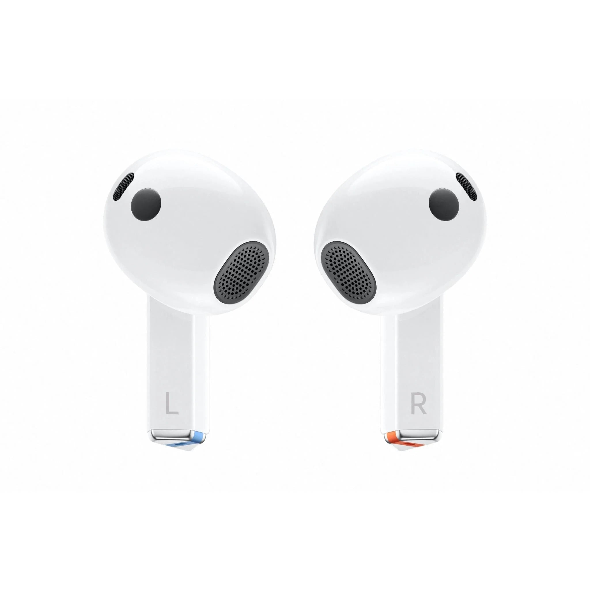 Samsung Galaxy Buds3 wireless earbuds in silver color, showing the outer side of the earbuds with the left marked as 'L' and the right as 'R'. They are against a white background.
