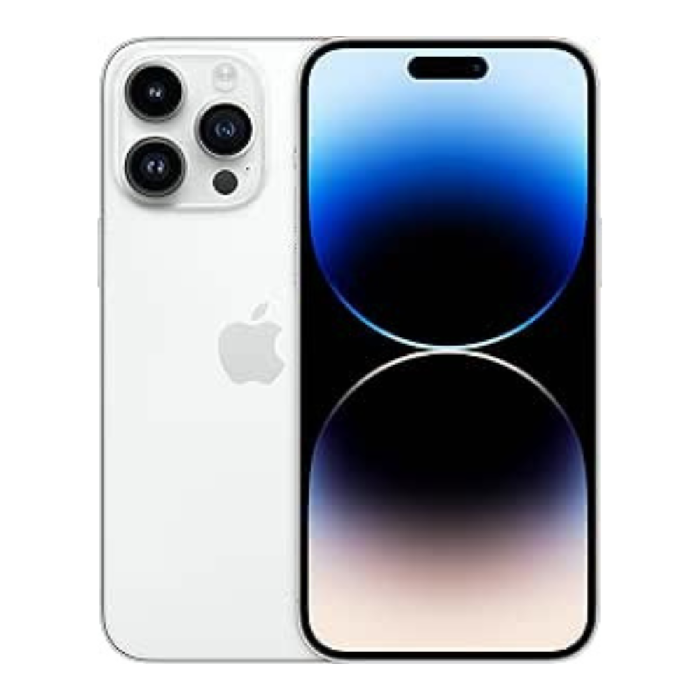 Close-up view of the Apple iPhone 14 Pro Silver triple-camera system.