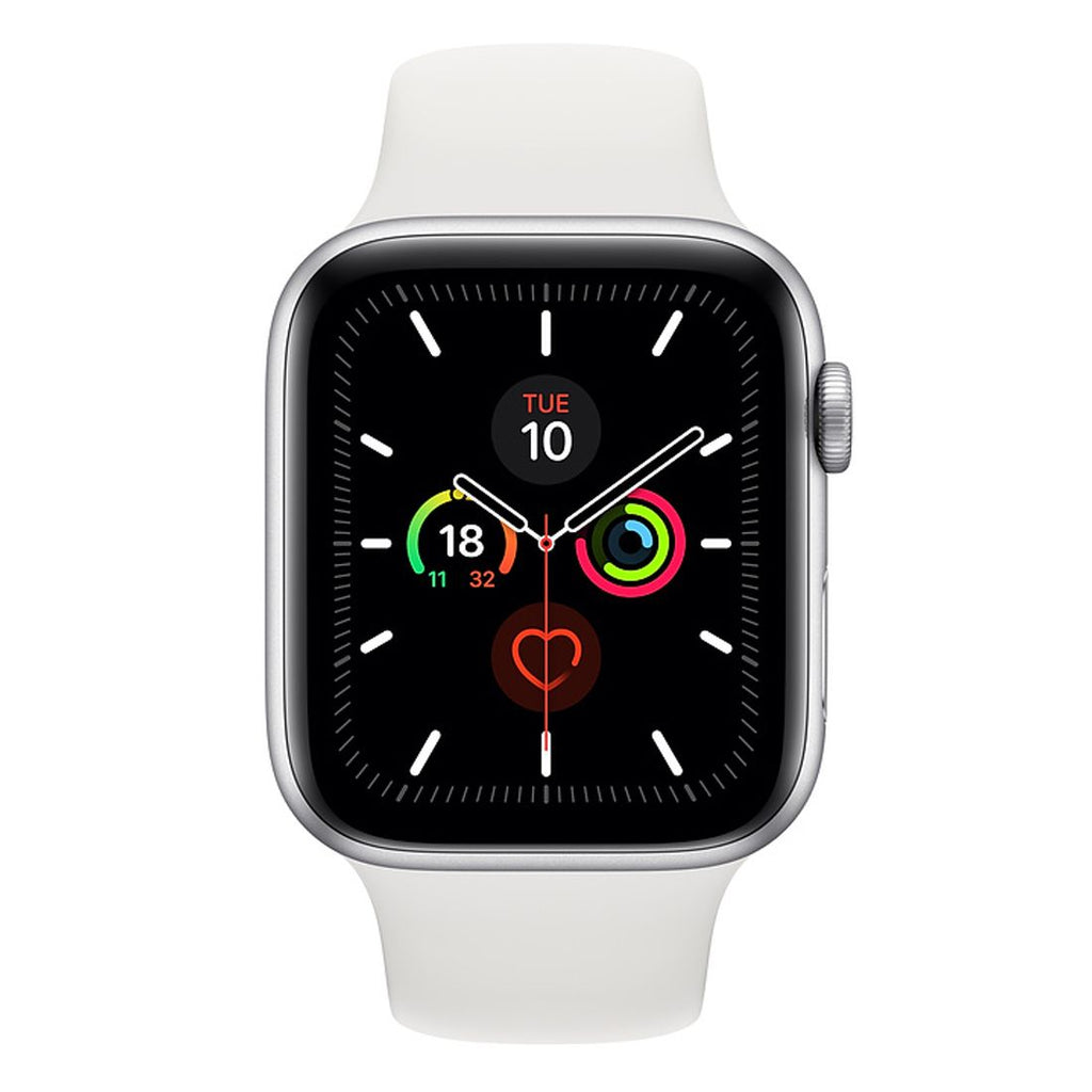Excellent refurbished Apple Watch Series 5 front view with white band