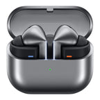 Samsung Galaxy Buds3 Pro earbuds in silver color, with charging case open, showing the earbuds' internal components.