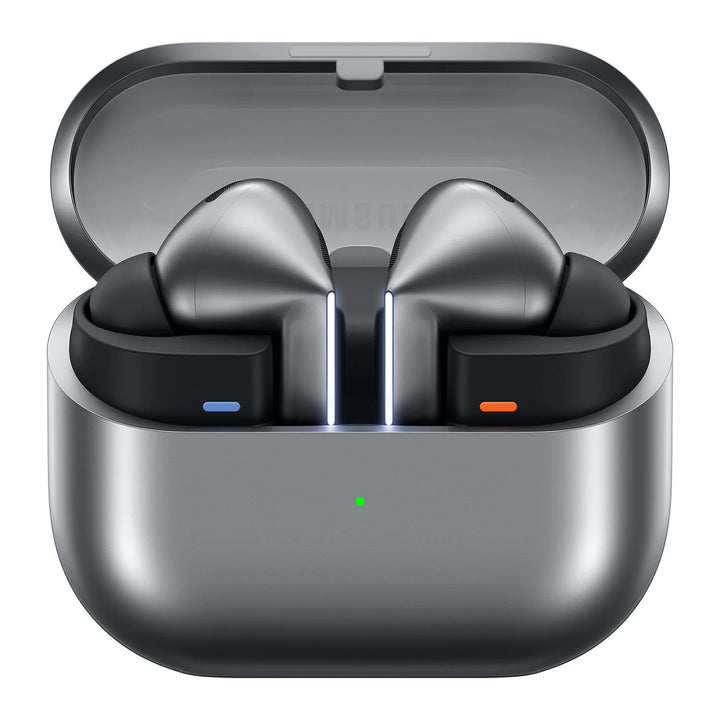 Samsung Galaxy Buds3 Pro earbuds in silver color, with charging case open, showing the earbuds' internal components.
