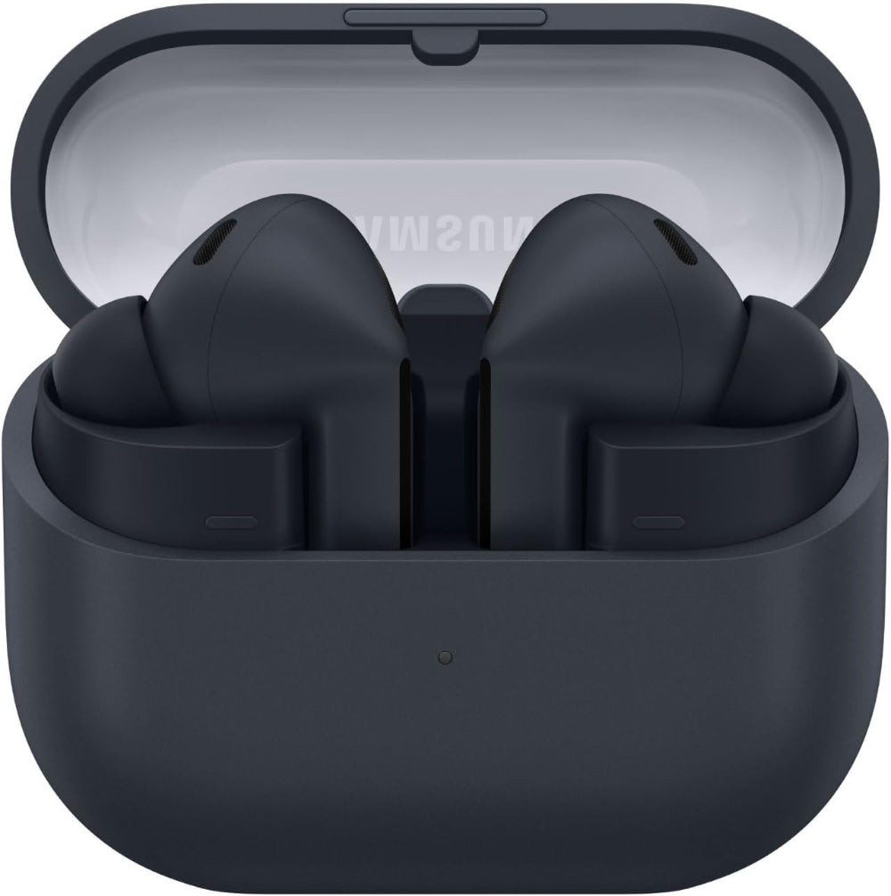Top-down view of Samsung Galaxy Buds3 FE Black earbuds in the charging case, displaying LED indicator and USB‑C charging port.
