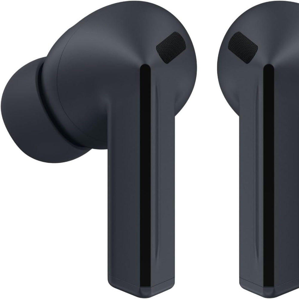 Samsung Galaxy Buds3 FE Black shown with a smartphone, illustrating Bluetooth 5.4 wireless connectivity and Galaxy ecosystem pairing.
