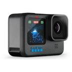 Close-up of the GoPro HERO12 Black lens and front microphone ports, emphasizing action camera build quality.