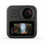GoPro MAX 360 Action Camera Black with removable 1600mAh battery and microSD card beside it

