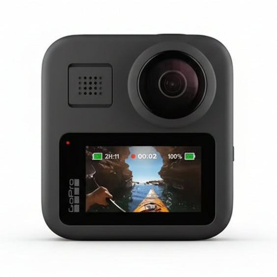 GoPro MAX 360 Action Camera Black with removable 1600mAh battery and microSD card beside it

