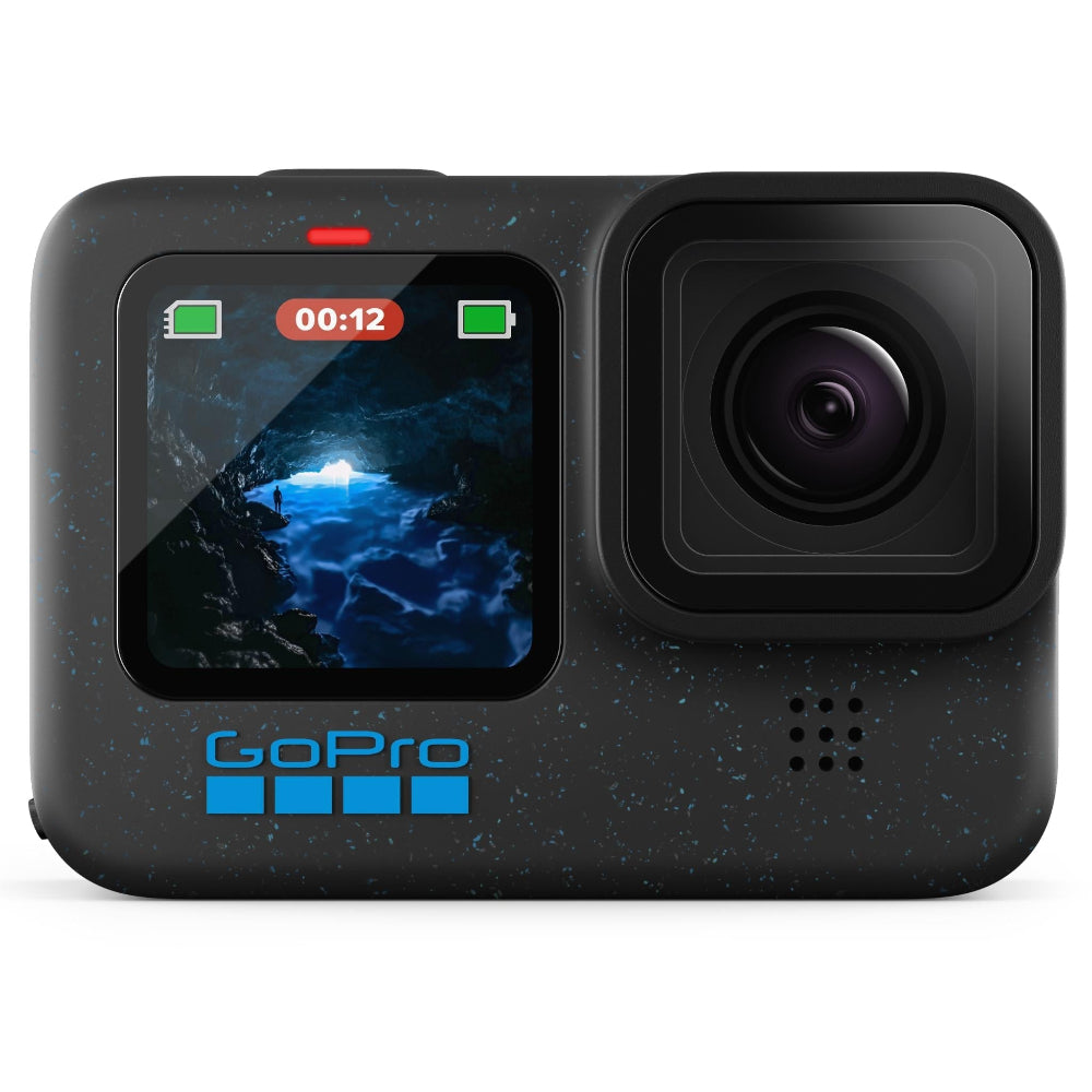 Front view of GoPro HERO12 Black 5.3K HyperSmooth action camera standing upright on a white background, showing the lens and front colour screen.​

