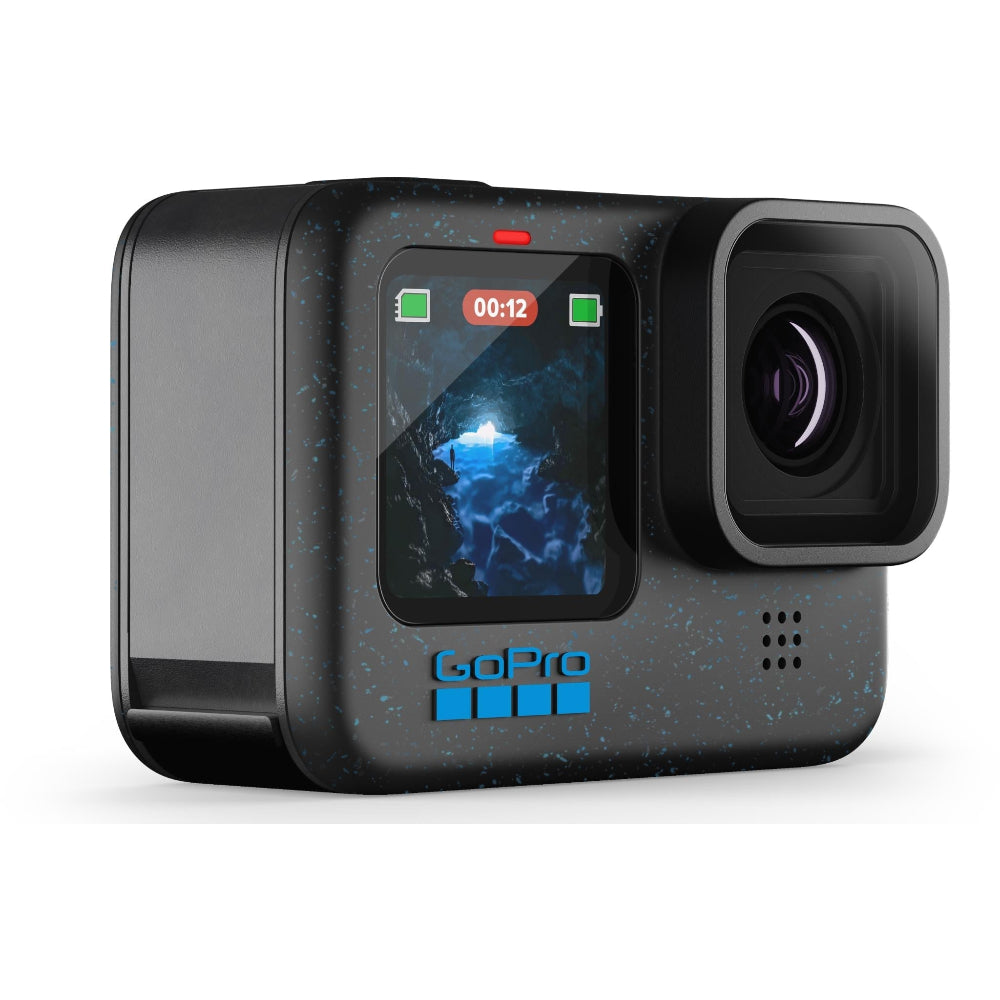 Close-up of the GoPro HERO12 Black lens and front microphone ports, emphasizing action camera build quality.