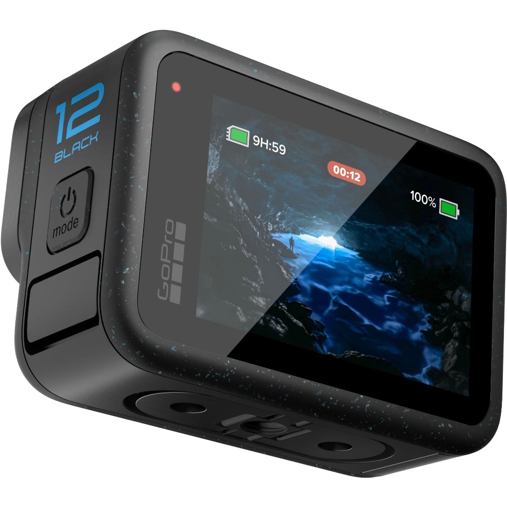 Underwater shot of a swimmer holding GoPro HERO12 Black, demonstrating 10 m waterproof capability without housing.