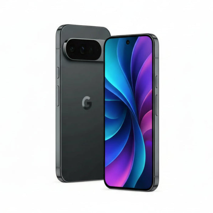 Lifestyle shot of Pixel 10 Obsidian beside laptop and earbuds on a work desk.