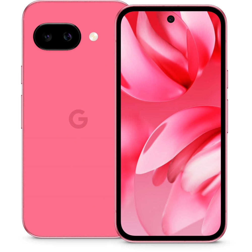 Google Pixel 9a rear view in Peony colour next to matching case to show coordinated accessories.