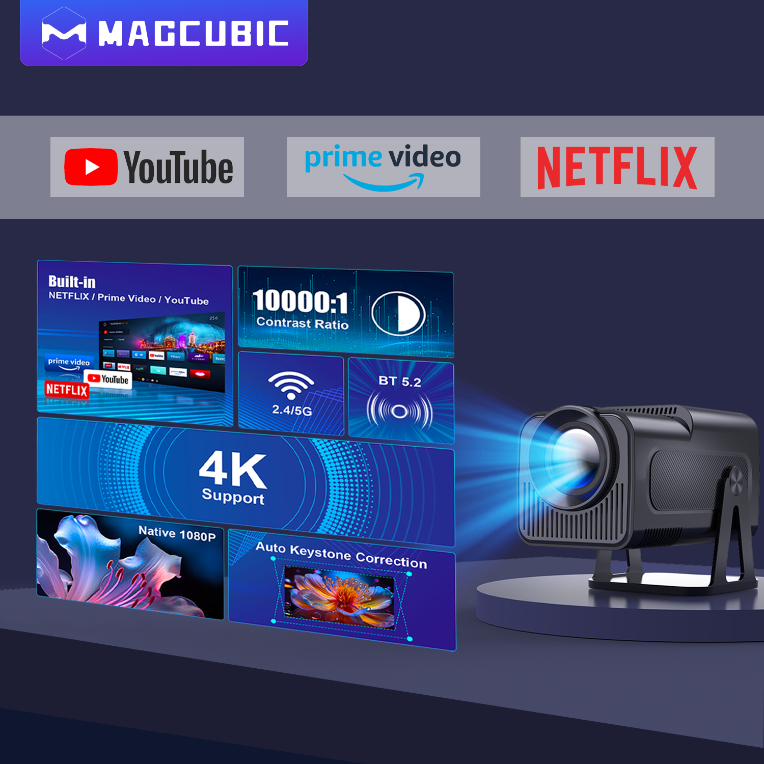 Magcubic HY320 NTV projector home screen showing Android 13 streaming apps