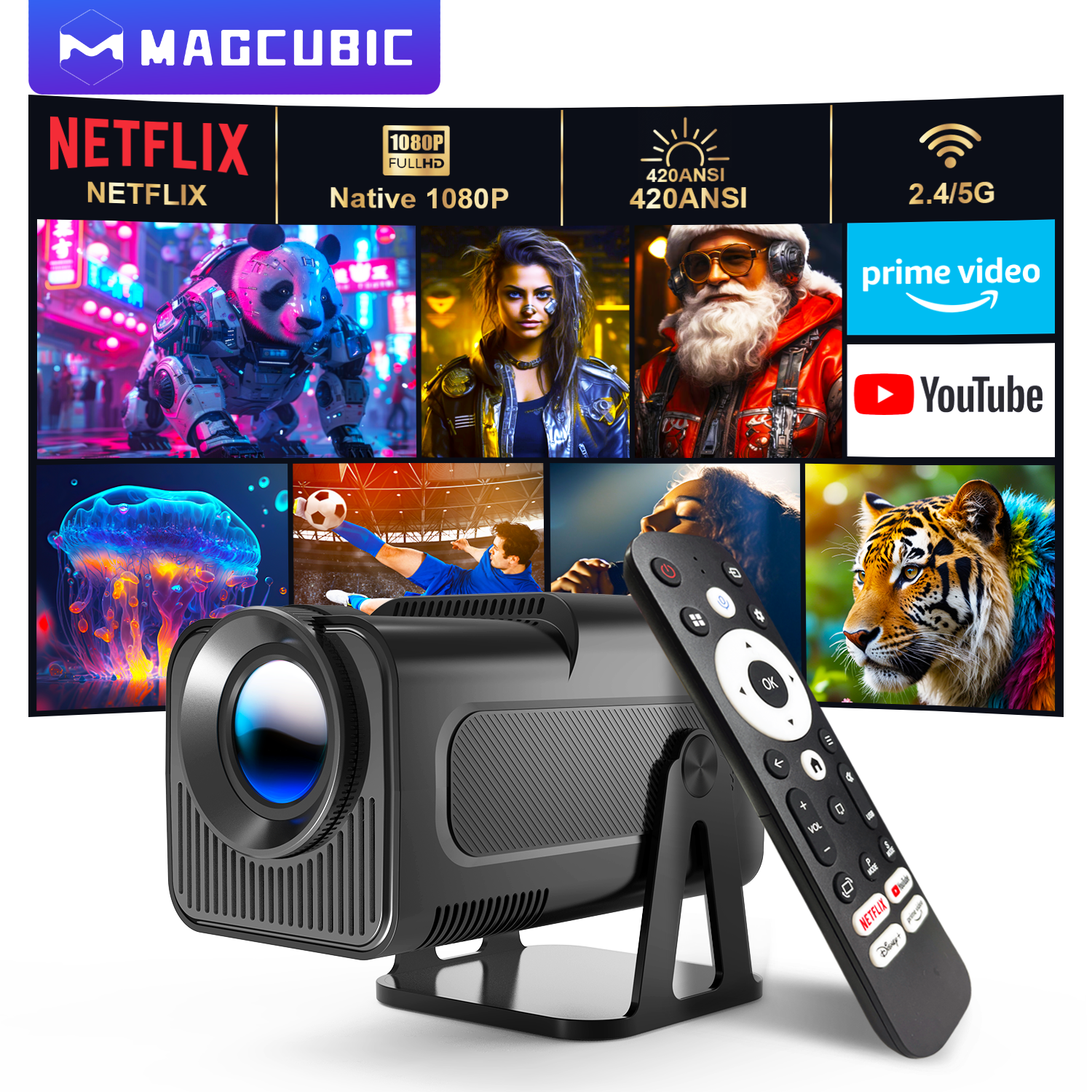Magcubic HY320 NTV projector interface highlighting official Netflix app tile