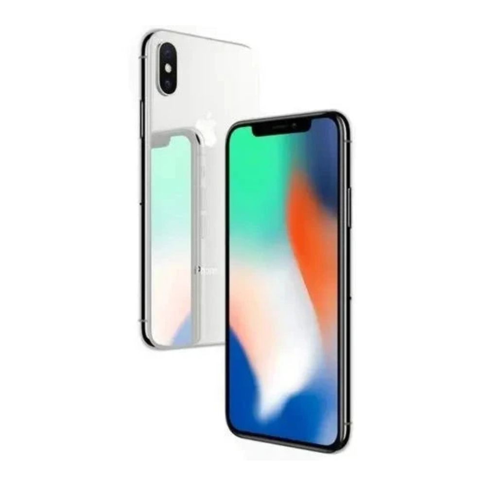 Refurbished iPhone X 64 GB – flat-lay on white background, minimal reflections