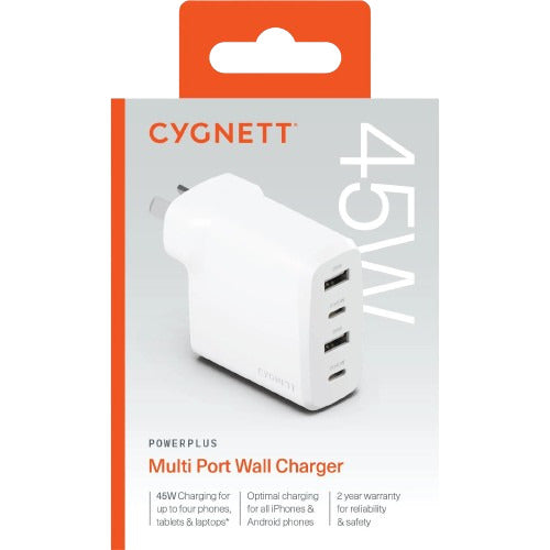 Cygnett PowerPlus 45W Multi-Port Wall Charger – White - Pristine Refurbished - (Au Version) Cygnett