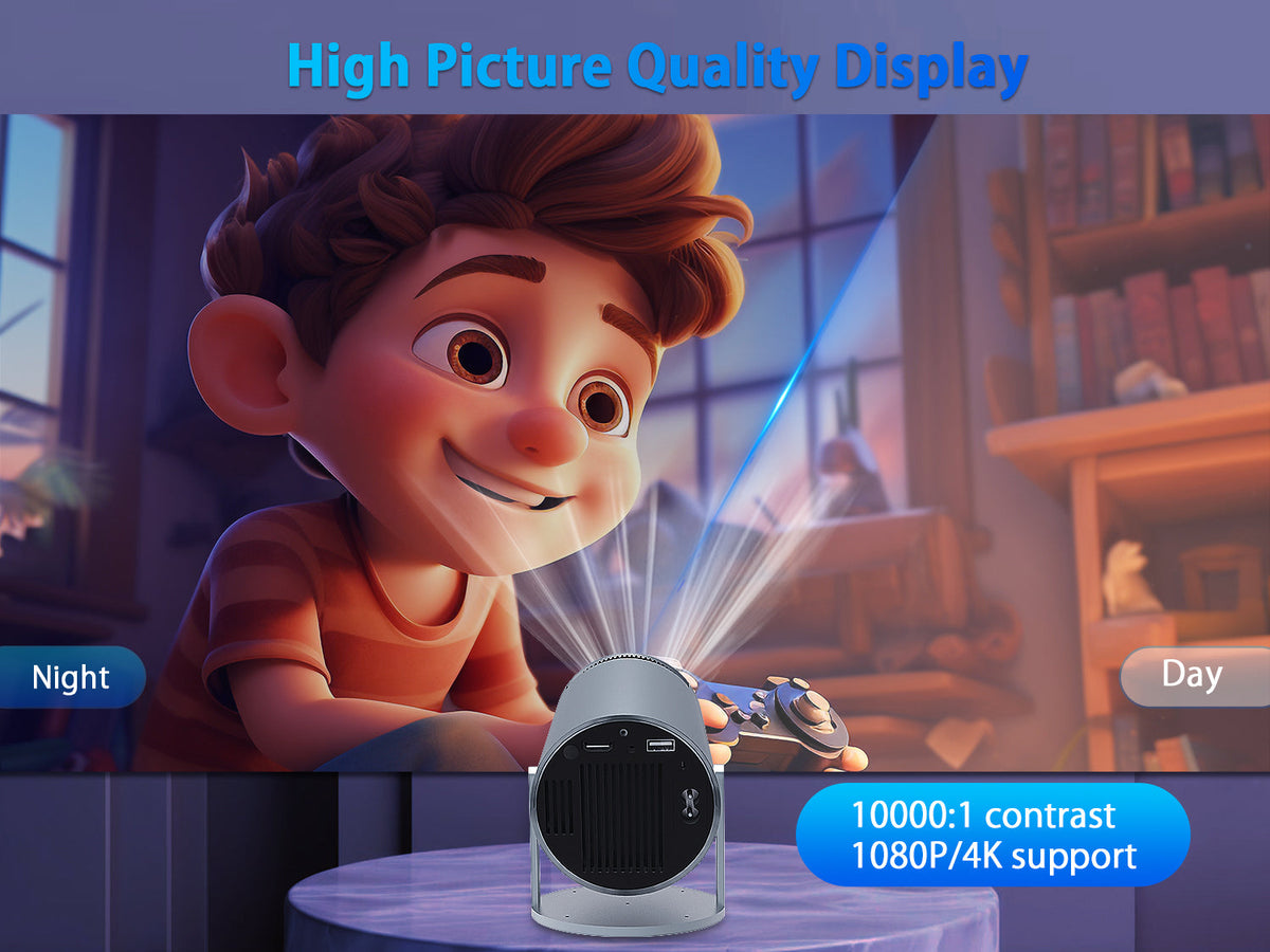 Child holding a projector with text about high picture quality display