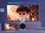Projector displaying an animated character with Auto Keystone Correction feature on a screen.