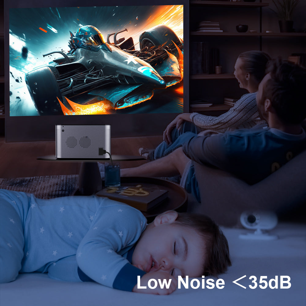 Magcubic HY350 Pro placed beside Bluetooth speaker for wireless audio setup

