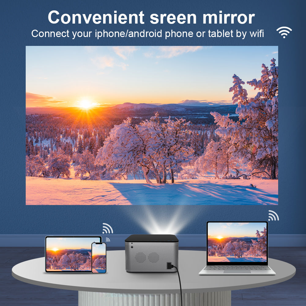 Magcubic HY350 Pro projecting a streaming app interface with movie thumbnails

