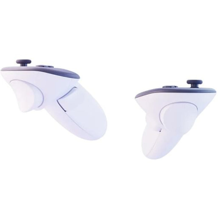 Meta Quest 3S headset placed beside a pair of AA batteries for the controllers and included charging cable.