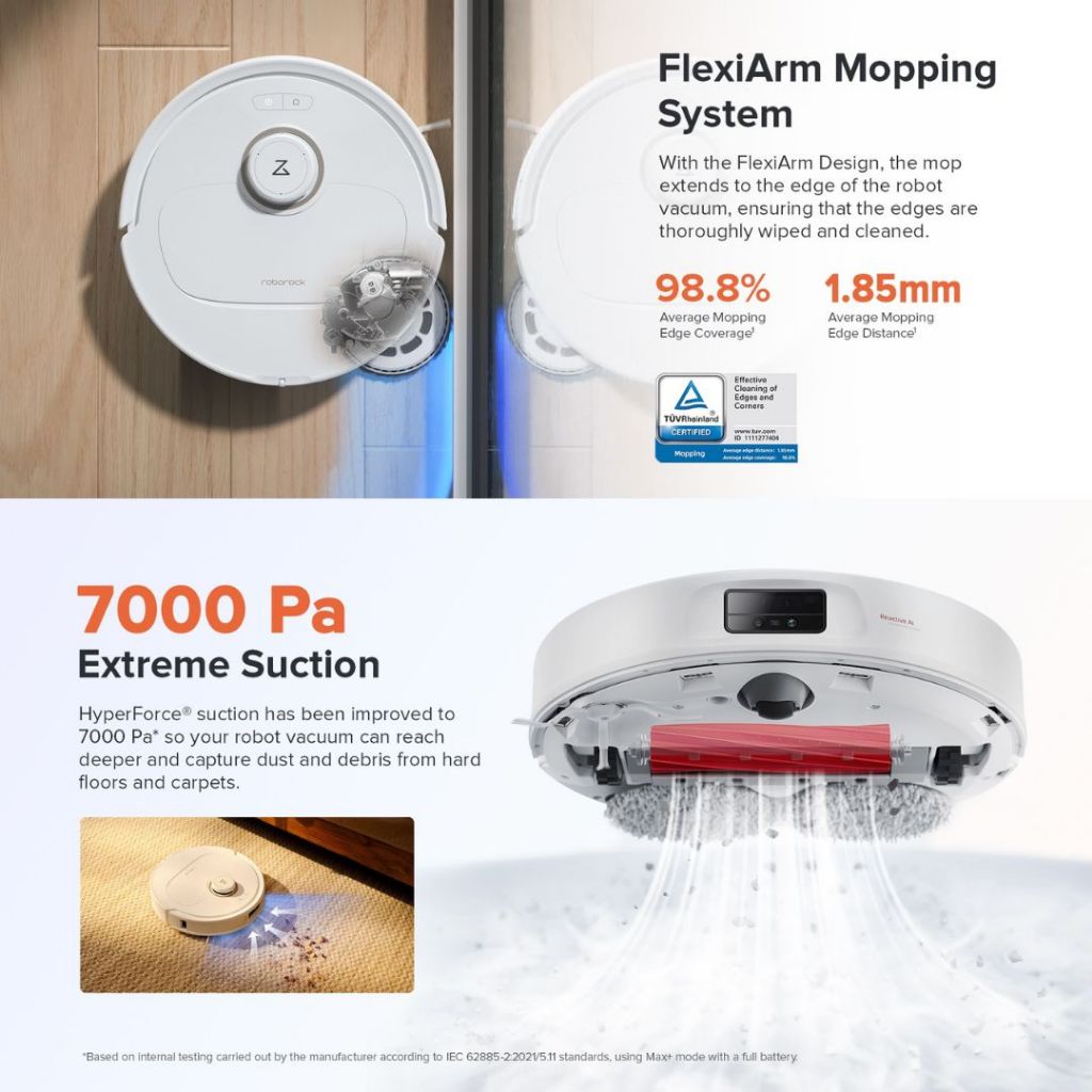 Roborock Q Revo MaxV Robot Vacuum Mop Extend 7000Pa Suction Power Liftable Brush Mop With Refill And Drainage System - White - Pristine Refurbished Roborock
