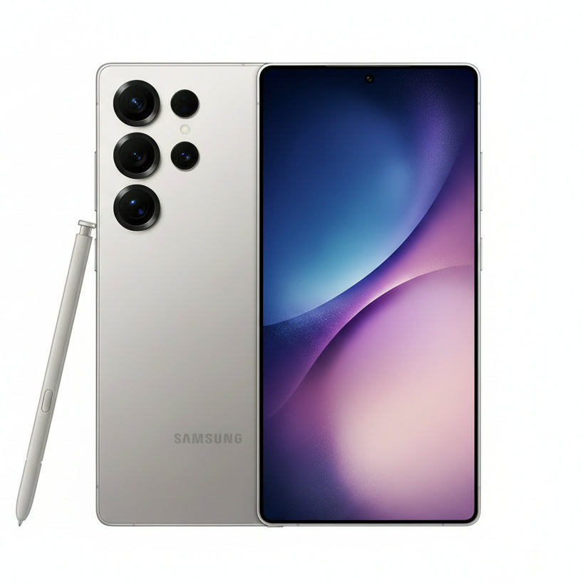 Rear view of Samsung Galaxy S25 Ultra 5G Titanium Gray highlighting the quad camera array and titanium frame finish.