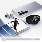 Top-down view of Samsung Galaxy S25 Ultra 5G Titanium Black on a desk next to a watch, earbuds and laptop.