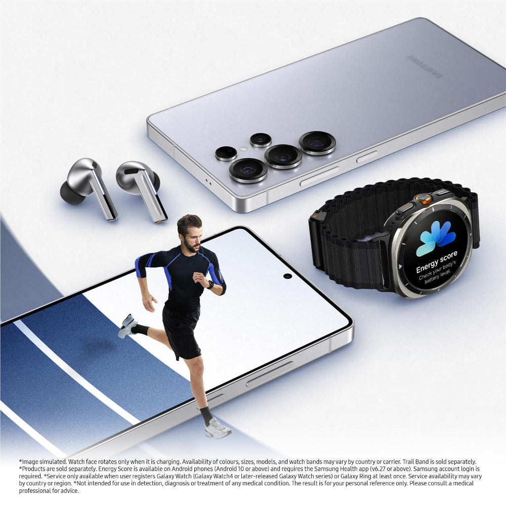 Top-down view of Samsung Galaxy S25 Ultra 5G Titanium Black on a desk next to a watch, earbuds and laptop.