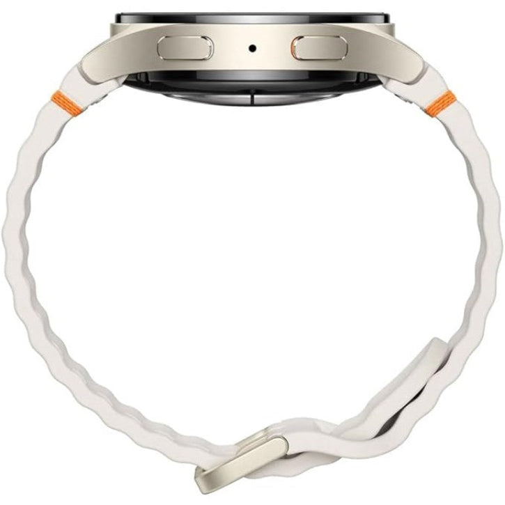 Side profile of Galaxy Watch7 40mm Cream showing slim 9.7 mm thickness and cream sport band.