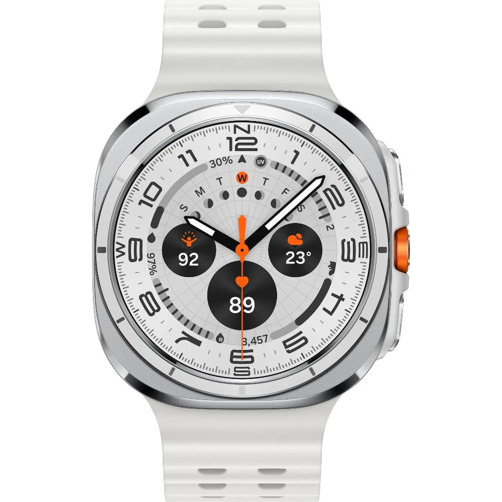 Galaxy Watch Ultra 47mm Titanium White with orange accent band resting on a coiled climbing rope.