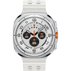 Galaxy Watch Ultra 47mm Titanium White with orange accent band resting on a coiled climbing rope.