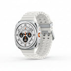 Group shot of Galaxy Watch Ultra 47mm models in all titanium colours with different marine bands attached.