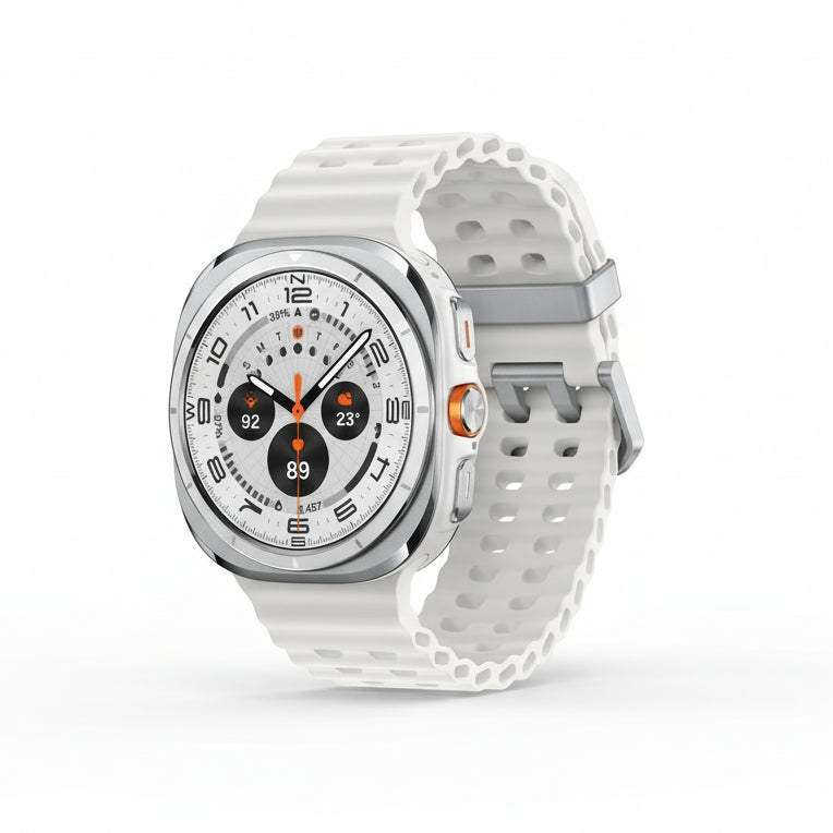 Group shot of Galaxy Watch Ultra 47mm models in all titanium colours with different marine bands attached.