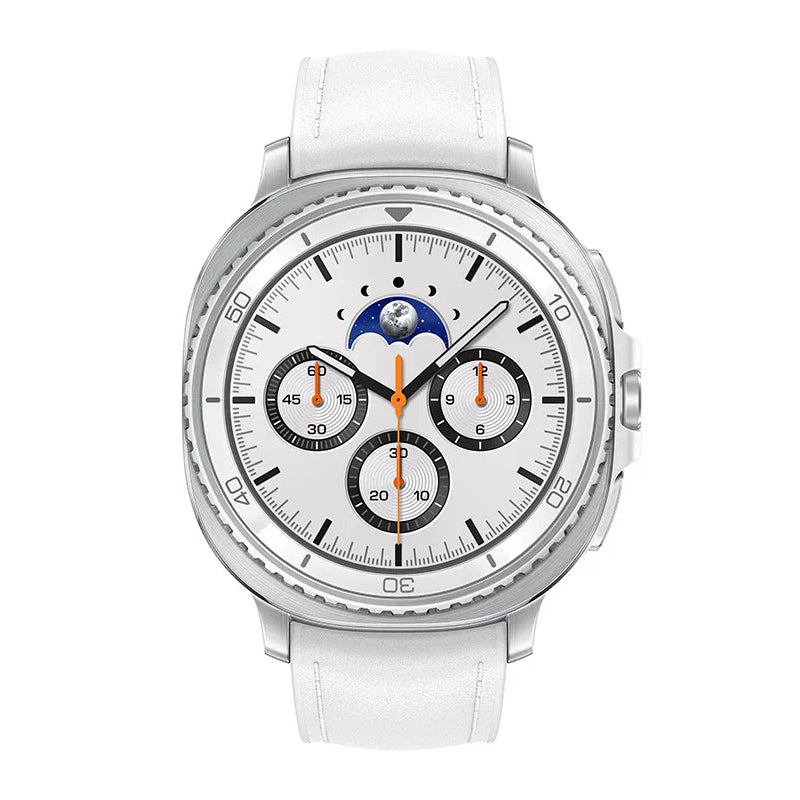 Samsung Galaxy Watch8 Classic White next to its retail box and charging cable on table.